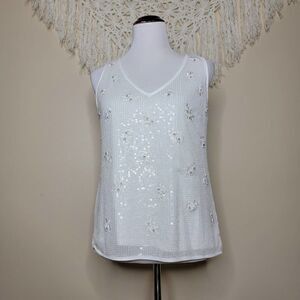 White House Black Market Ivory Sequined Embroidered Blouse Small